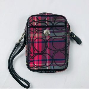 Coach signature tartan plaid Leather trim wristlet